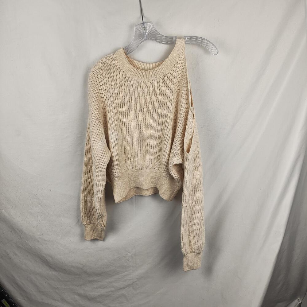 Zara Sweater Womens Medium Beige Cold Shoulder Strap Sleeve Knit Pullover